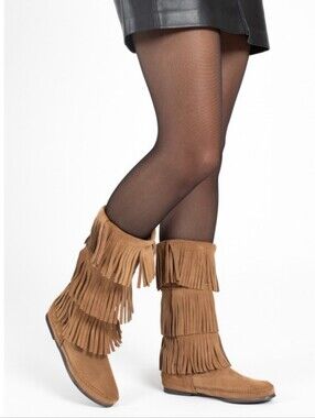 Authentic Minnetonka 3 Layer Fringe Boots Taupe Suede Size 6 Boho Western